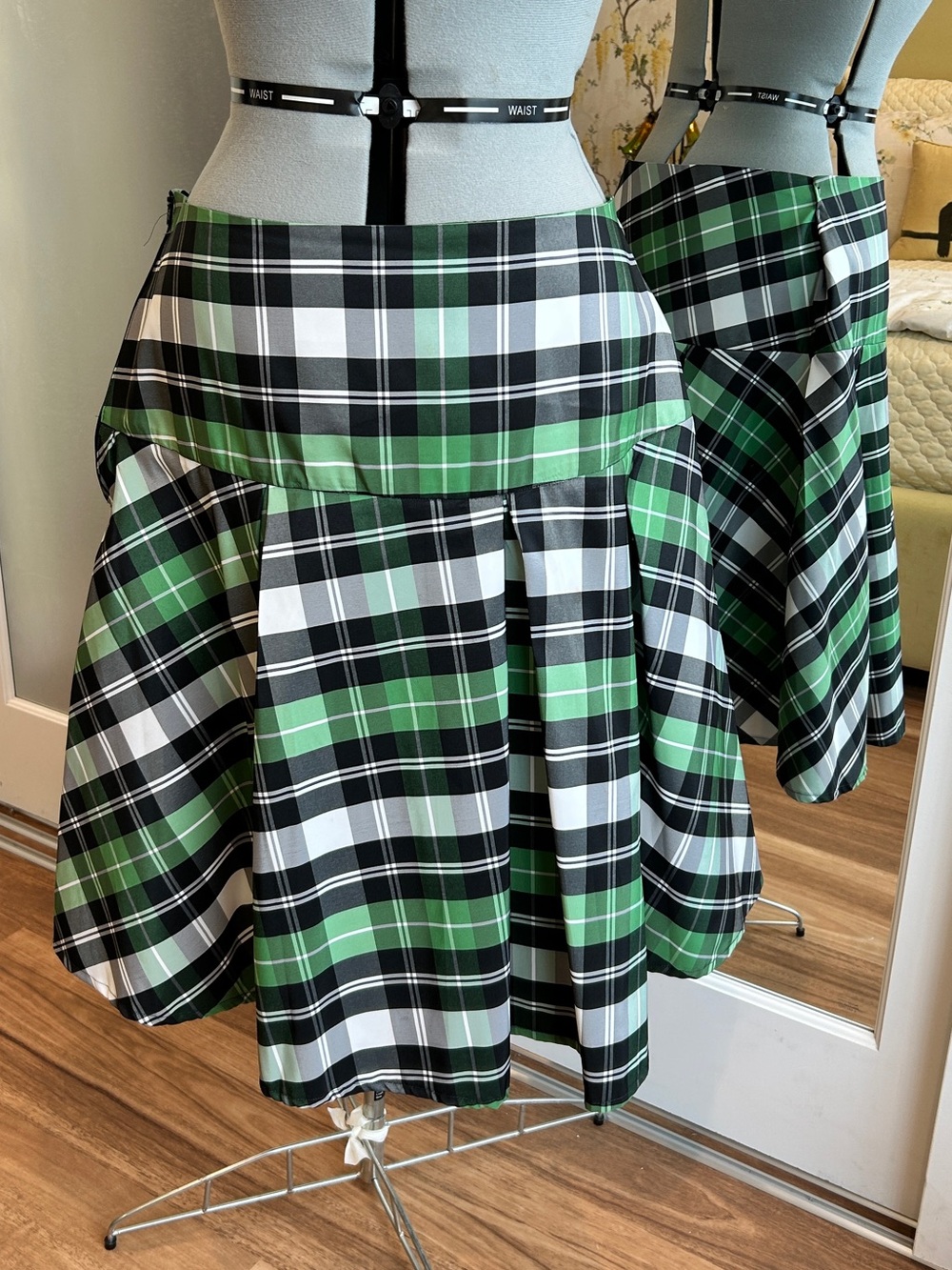 Handmade Green Plaid Taffeta Pleated Skirt